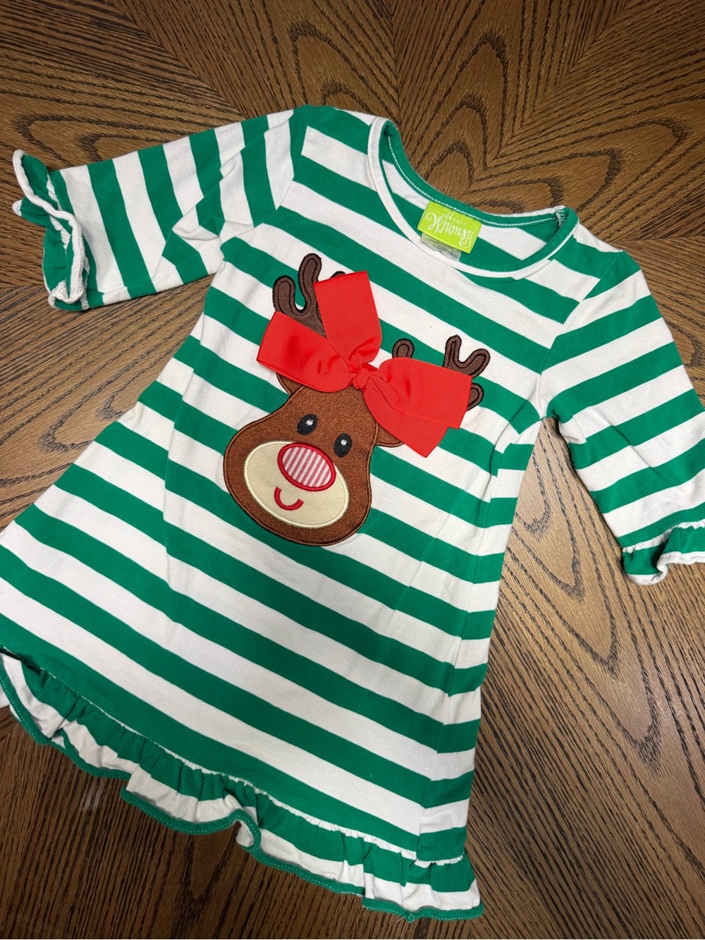 Classic Whimsy Girls Green & White Stripe Reindeer Dress with Red Bow 2T